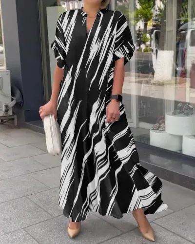 Summer Women Casual Loose Stripe Print Short-Sleeved Maxi Dress