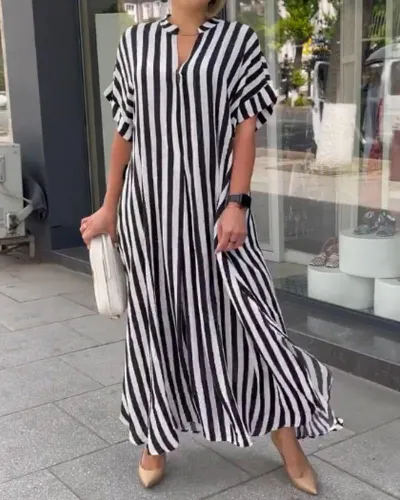 Summer Women Casual Loose Stripe Print Short-Sleeved Maxi Dress