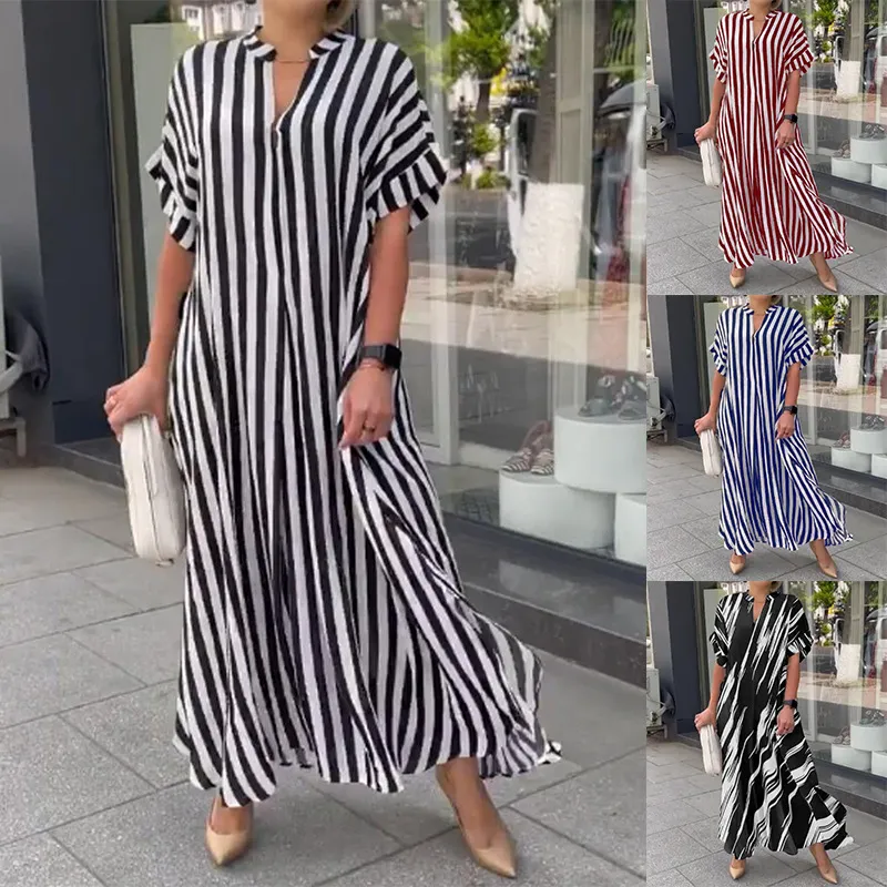 Summer Women Casual Loose Stripe Print Short-Sleeved Maxi Dress