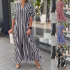 Summer Women Casual Loose Stripe Print Short-Sleeved Maxi Dress