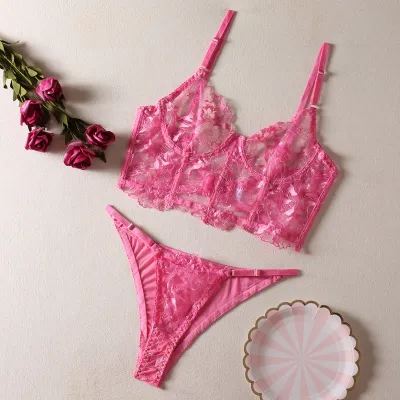 Women Fashion Sexy Lace Embroidery With Steel Ring Fishbone Fun Underwear Set