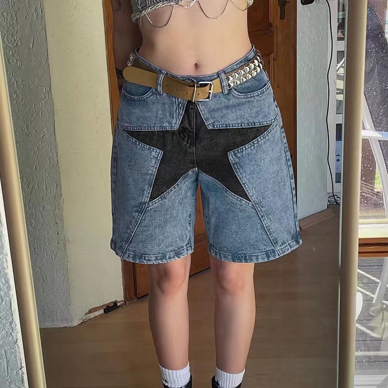【SATIIIZ】Sued Patch Bermuda Pants Wholesale Women Fashion Loose Star Patch Denim Shorts