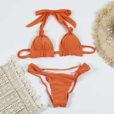 Summer Women Fashion Sexy Solid Color Knot Strap Bikini Swimsuit Set