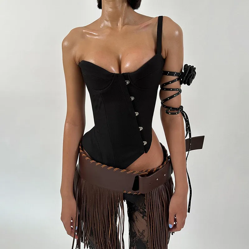 Women Casual Solid Color Sleeveless Backless Buckle Crop Top