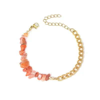 Summer Women Fashion Natural Stone Crystal Gravel Stainless Steel Double Pair Bracelet