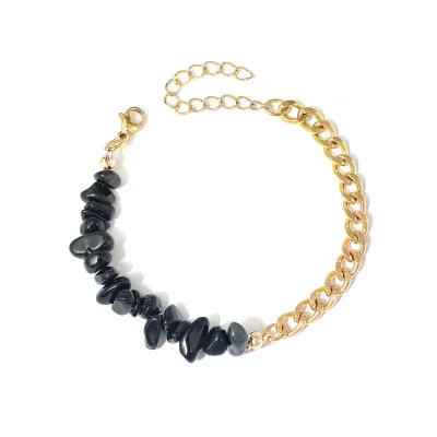 Summer Women Fashion Natural Stone Crystal Gravel Stainless Steel Double Pair Bracelet