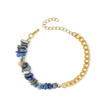 Summer Women Fashion Natural Stone Crystal Gravel Stainless Steel Double Pair Bracelet