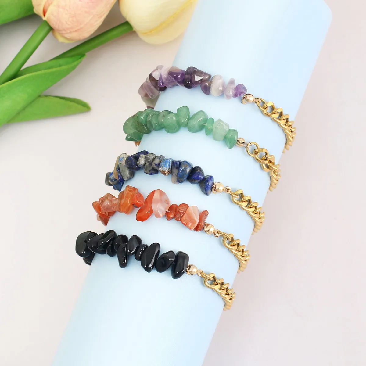 Summer Women Fashion Natural Stone Crystal Gravel Stainless Steel Double Pair Bracelet