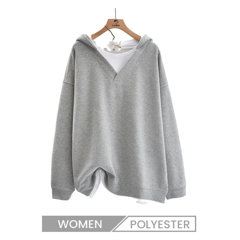 Plus Size Loose V-Neck Mid-Length Casual Stitching Fake Two-Piece Women Hoodie
