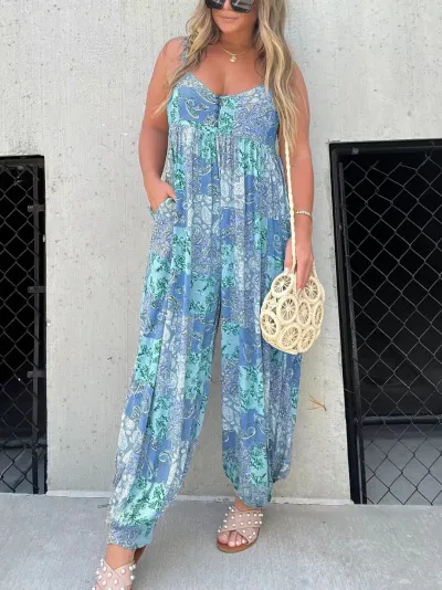 Plus Size Women High Waist Loose Floral Printed Jumpsuits Summer Vacation