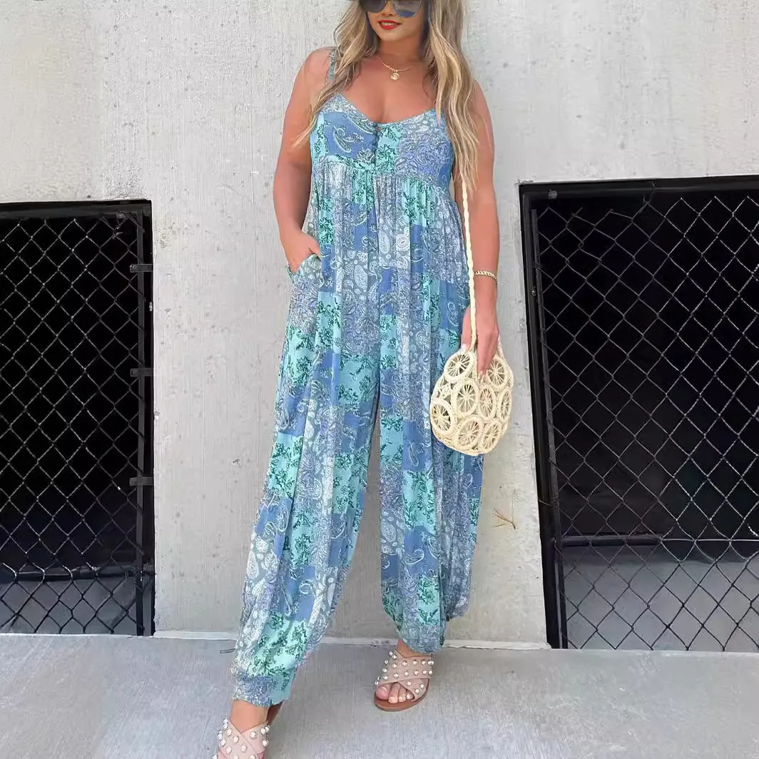 Plus Size Women High Waist Loose Floral Printed Jumpsuits Summer Vacation