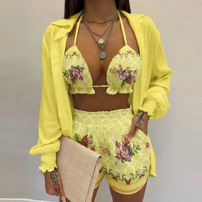 Women Floral Printing Shorts Set Street Hipster Style Polyester