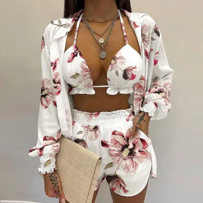 Women Floral Printing Shorts Set Street Hipster Style Polyester