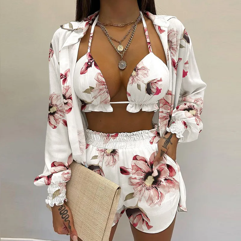 Women Floral Printing Shorts Set Street Hipster Style Polyester