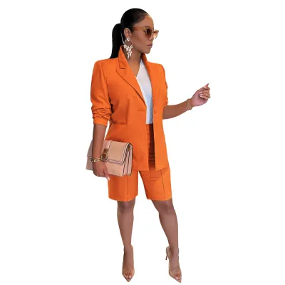 Women Casual Solid Blazers And Shorts Two-Piece Set