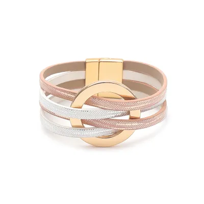 Women's Fashion Cross Leather Metal Large Ring Multi Layer Wristband Magnetic Buckle Bracelet