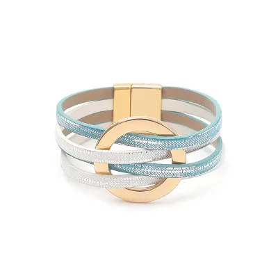 Women's Fashion Cross Leather Metal Large Ring Multi Layer Wristband Magnetic Buckle Bracelet