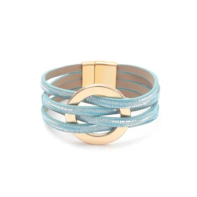 Women's Fashion Cross Leather Metal Large Ring Multi Layer Wristband Magnetic Buckle Bracelet