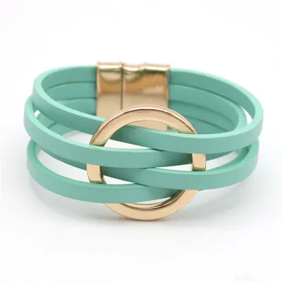 Women's Fashion Cross Leather Metal Large Ring Multi Layer Wristband Magnetic Buckle Bracelet