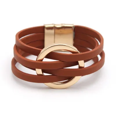 Women's Fashion Cross Leather Metal Large Ring Multi Layer Wristband Magnetic Buckle Bracelet