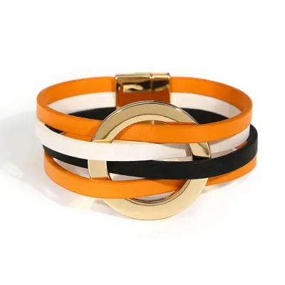 Women's Fashion Cross Leather Metal Large Ring Multi Layer Wristband Magnetic Buckle Bracelet