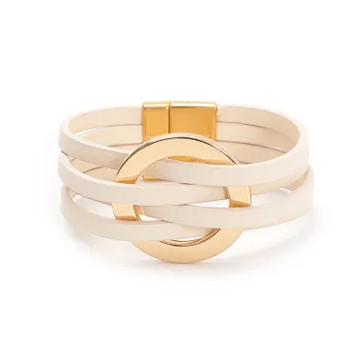 Women's Fashion Cross Leather Metal Large Ring Multi Layer Wristband Magnetic Buckle Bracelet