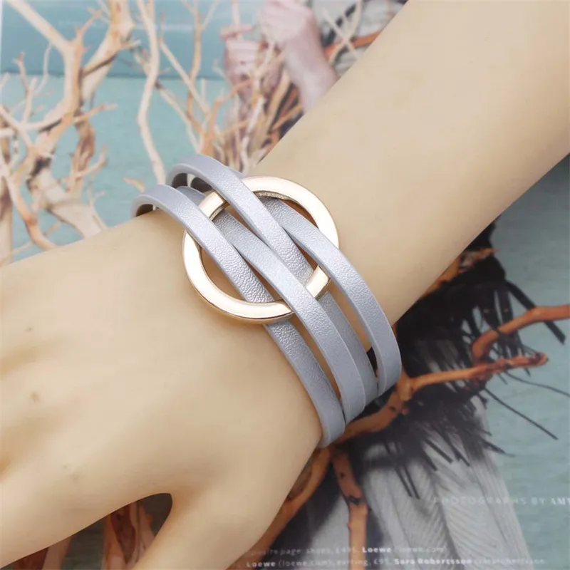 Women's Fashion Cross Leather Metal Large Ring Multi Layer Wristband Magnetic Buckle Bracelet
