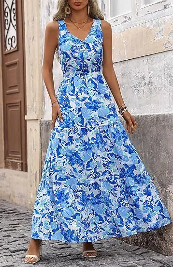 Women Casual V-Neck Floral Printed Sleeveless Maxi Dress