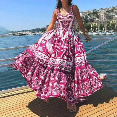 Summer Women Bohemian Print Sling Maxi Dress