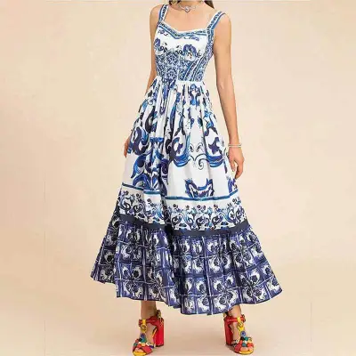 Summer Women Bohemian Print Sling Maxi Dress