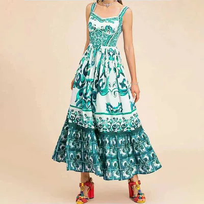 Summer Women Bohemian Print Sling Maxi Dress