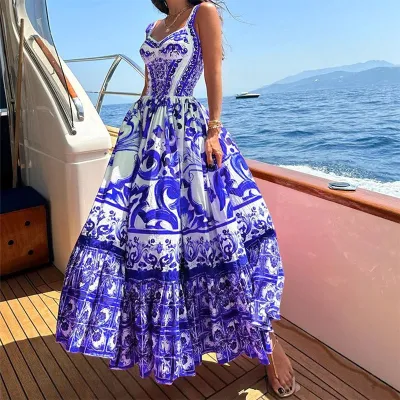 Summer Women Bohemian Print Sling Maxi Dress