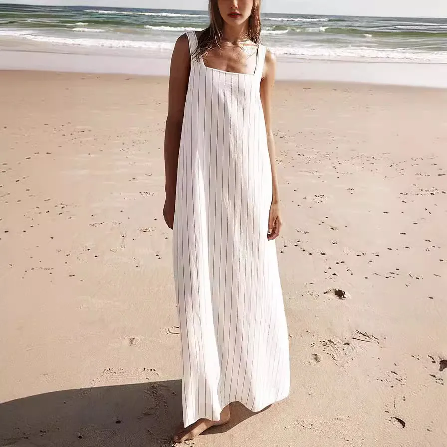 Summer Women Casual Square Collar Stripe Printed Loose Sling Maxi Dress