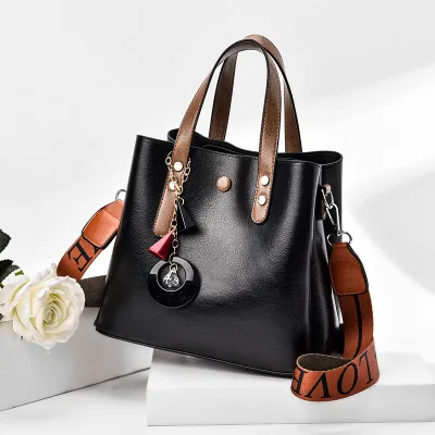 Women Fashion Large Capacity Letter Wide Strap PU Handle Shoulder Tote Bag