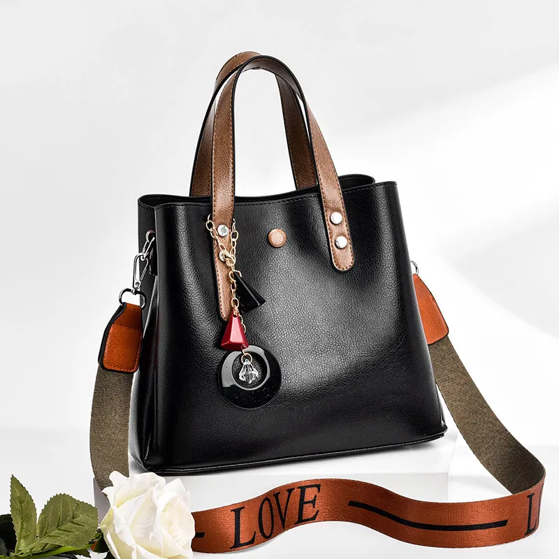 Women Fashion Large Capacity Letter Wide Strap PU Handle Shoulder Tote Bag