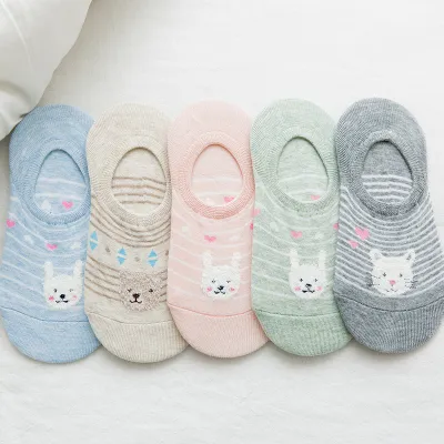 Women Fashion Cartoon Cute Cat Ankle Socks 5 Pairs-Bag