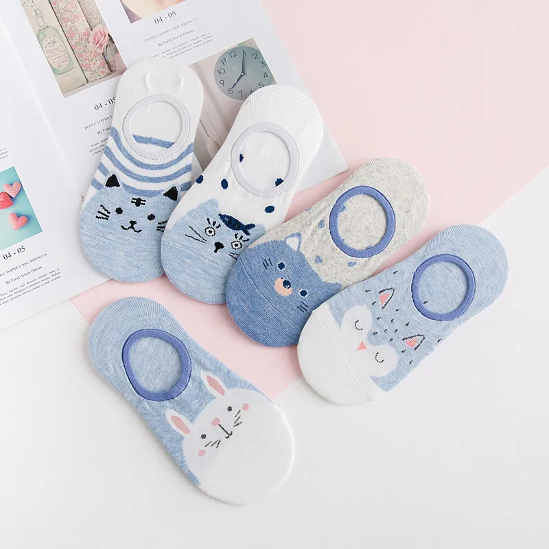Women Fashion Cartoon Cute Cat Ankle Socks 5 Pairs-Bag