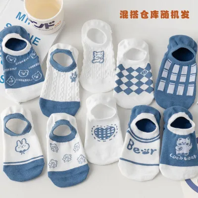 Women Fashion Solid Color Lace Mesh Invisible Boat Socks 5 Pair-Bag