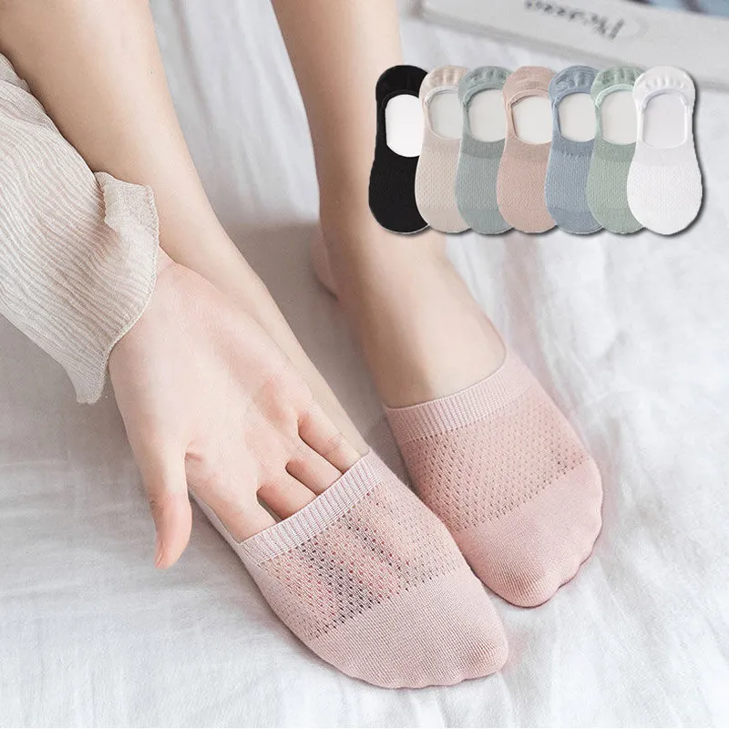 Women Fashion Solid Color Lace Mesh Invisible Boat Socks 5 Pair-Bag