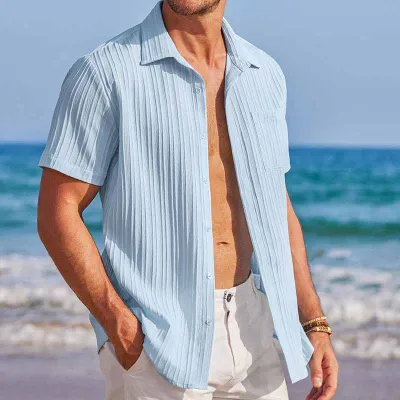 Men Fashion Casual Basic Solid Color Stripe Short Sleeve Lapel Shirt