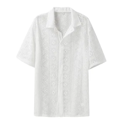 Men Fashion Hollow Mesh Lapel Short Sleeve Plus Size Shirt