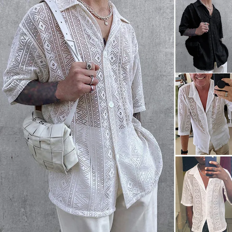 Men Fashion Hollow Mesh Lapel Short Sleeve Plus Size Shirt