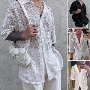 Men Fashion Hollow Mesh Lapel Short Sleeve Plus Size Shirt