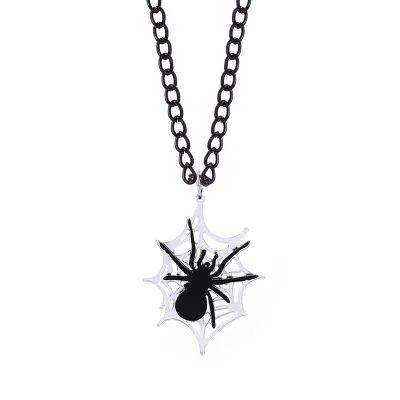 Women Fashion Punk Exaggerated Halloween Alloy Spider Bat Skull Pendant Necklace