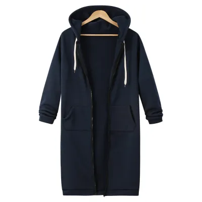Autumn Winter Women Long-Sleeved Long Coat Hoodie with Pockets