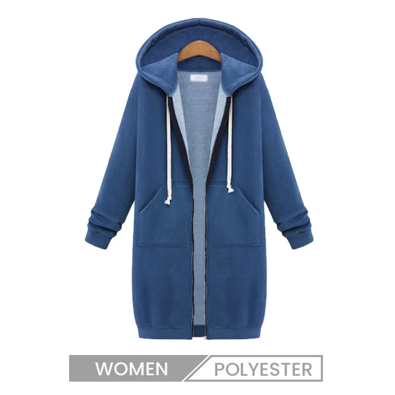 Autumn Winter Women Long-Sleeved Long Coat Hoodie with Pockets