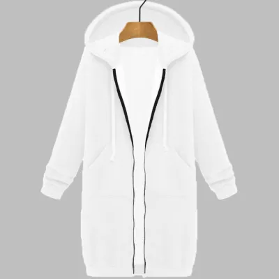 Autumn Winter Women Long-Sleeved Long Coat Hoodie with Pockets