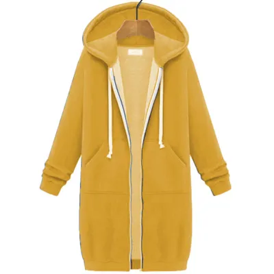 Autumn Winter Women Long-Sleeved Long Coat Hoodie with Pockets
