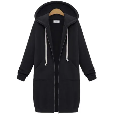 Autumn Winter Women Long-Sleeved Long Coat Hoodie with Pockets