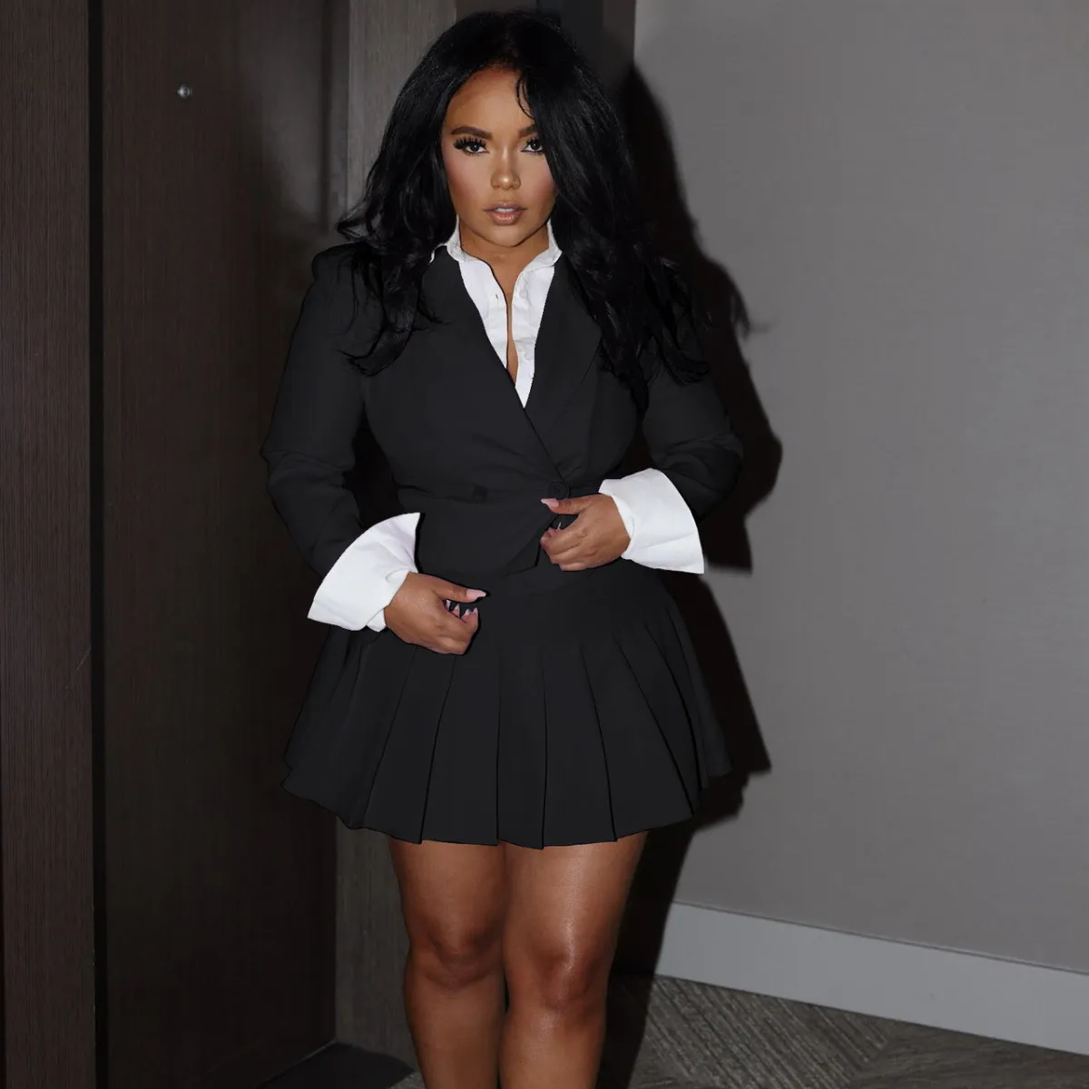 Women Solid Color Blazer Long Sleeve Jacket Pleated Skirt Two-Piece Set